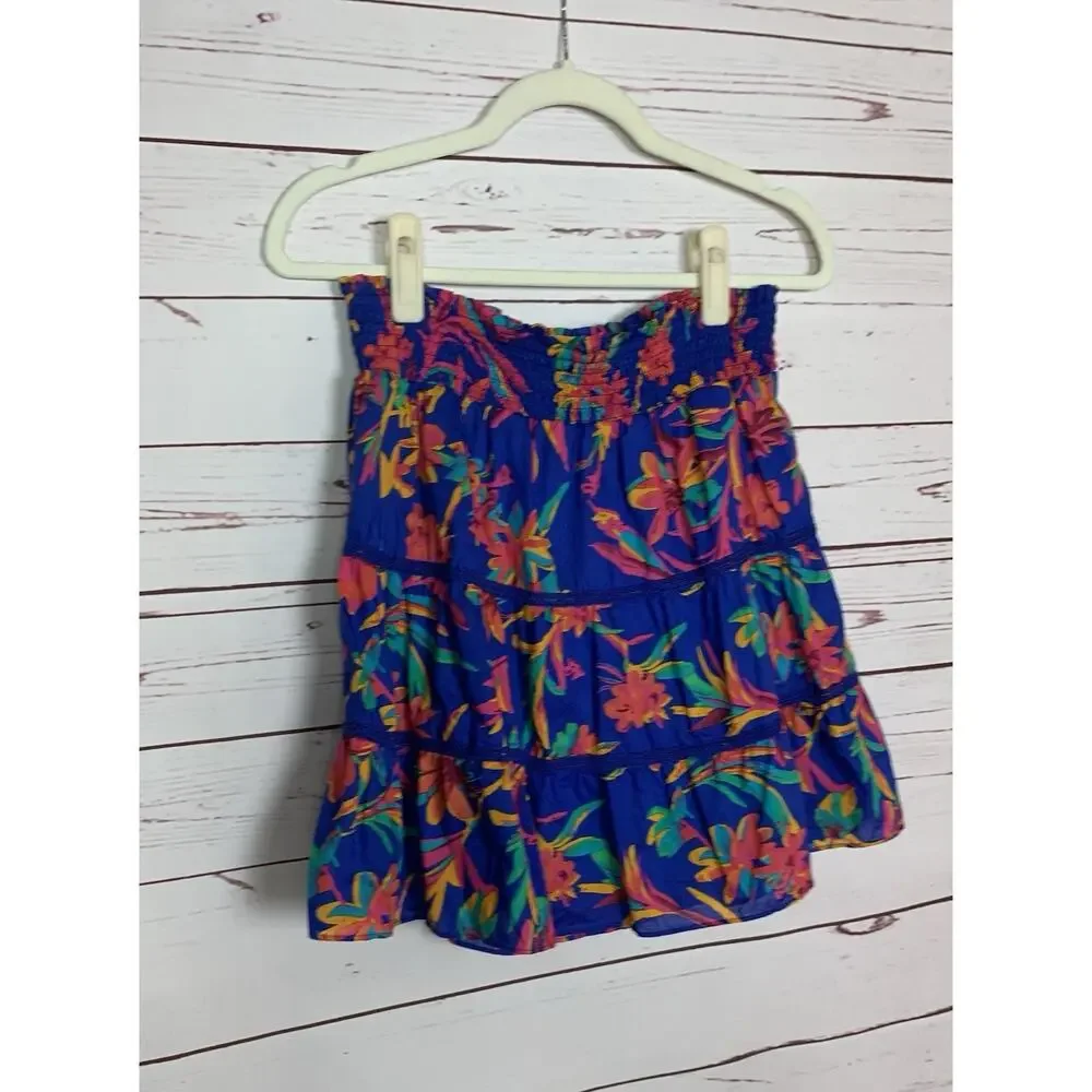 J.Crew Women's S Small Blue Floral Tropical Hawaiin Stretchy Waist Elastic Skirt